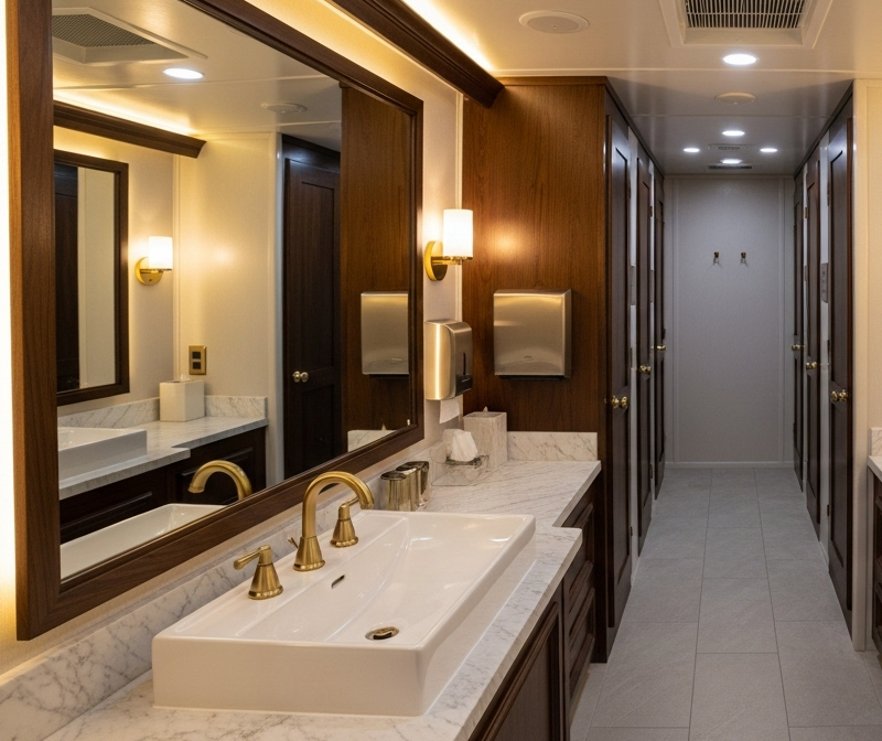 Interior view of a luxury restroom trailer with wood and marble finishes